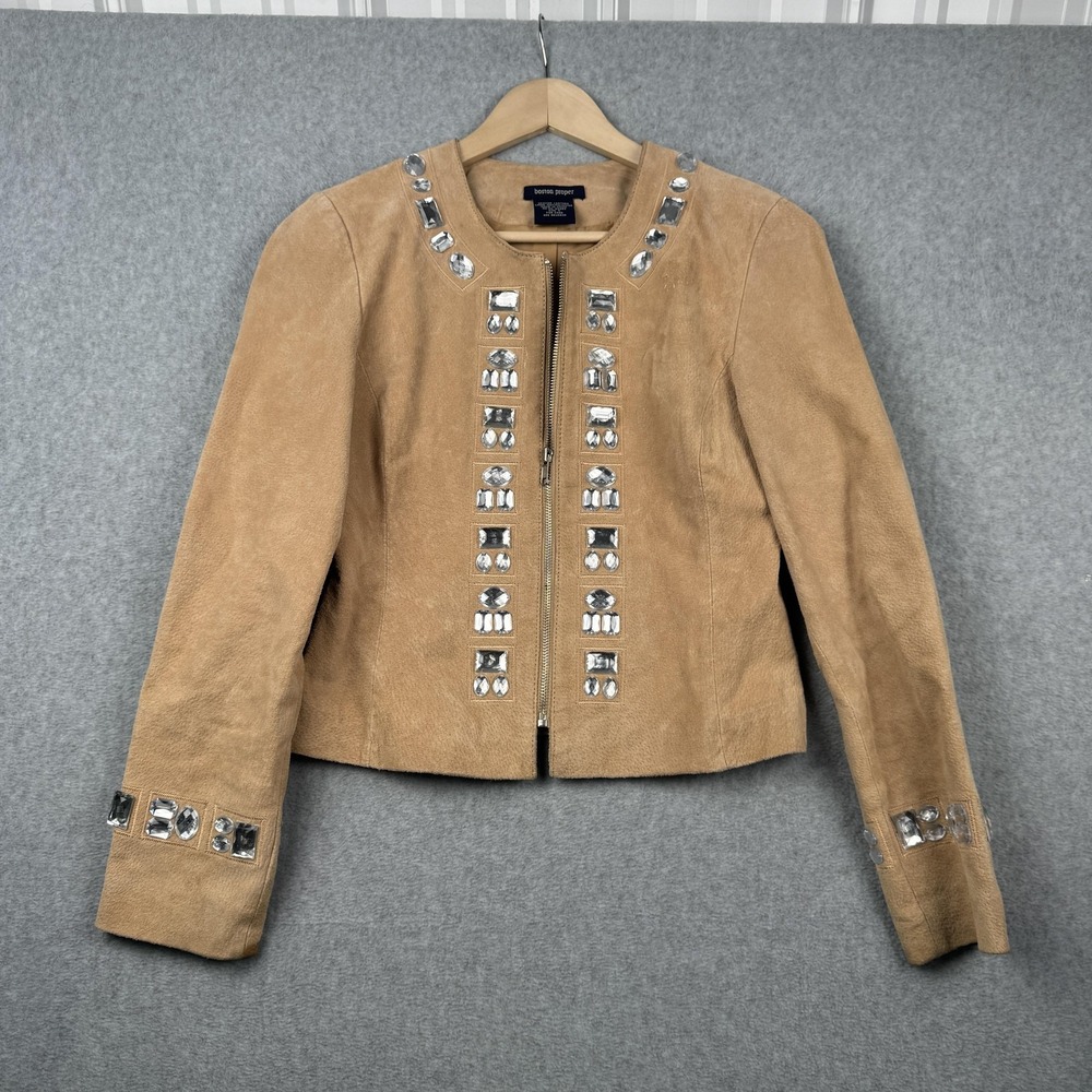 Boston Proper Jacket Womens 4 Tan 100% Suede Leather Crystal Embellished Zip Up